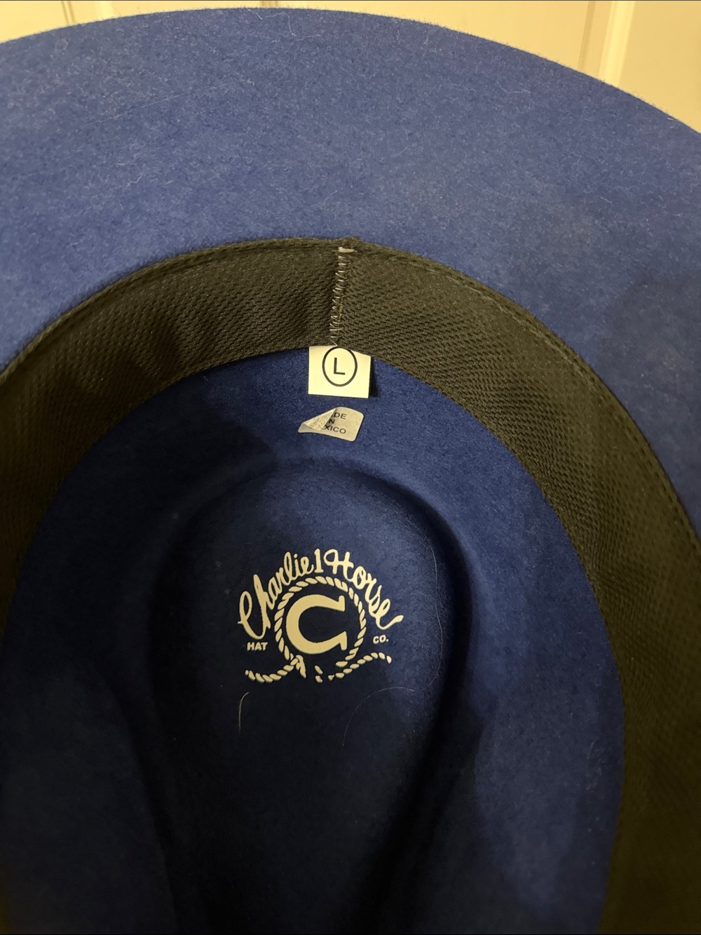 Classic Wide-Brim Felt Hat in Navy with Tan Band - Picture 7 of 8